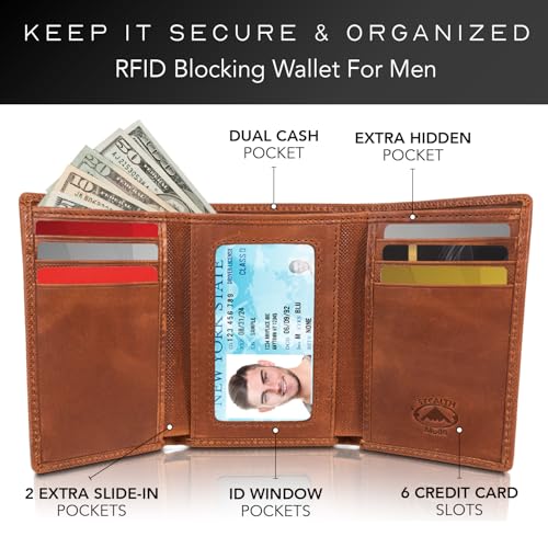 Stealth Mode Trifold Leather Wallet for Men with RFID Blocking | Brown Crunch Top Grain Napa Leather, 9 Card Slots, ID Window, Gift Box – Gift for Dad, Husband, or Son - color: Brown Crunch