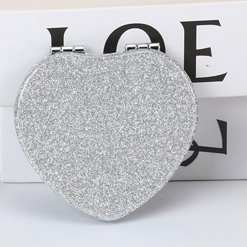 Cute Heart Shaped Compact Mirror for Purse,Silver Travel Mirror with Glitter,Leather Small Pocket Mirror,Portable 2 x 1x Magnification Folding Makeup Mirror,Cosmetic Mirror for Gift - color: Silver-heart Shape