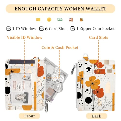 Hancynir Boho Flower Credit Card Holder Slim Wallet Women, RFID Small | Zipper Pocket Wallet, Thin Travel Coin Purse, PU Leather, Minimalist Card Case, 6 Card Slots, ID Window, Ladies Women Gifts - color: Abstract Boho Flower