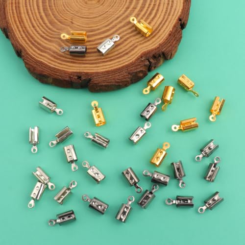 300 Pieces Fold Over Crimp Caps Stainless Steel Crimps Ends Fold Over Cord Ends Leather Ribbon Ending Clasp Tips Jewelry Connector for Bracelets Leather Jewelry Making(3 Colors) - color: gold, white k, gun black