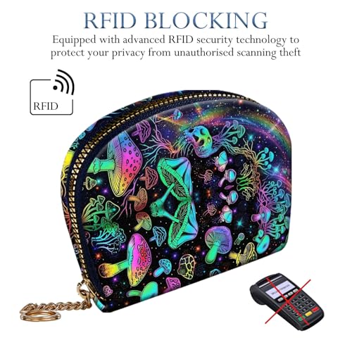RFID Credit Card Holder Wallet for Women, Small Leather Card Case with Zipper Keychain, Slim Accordion Card Organizer for Cash Coins ID Business Cards,Trippy Wild Mushroom - color: Trippy Wild Mushroom, size: Wallet-B