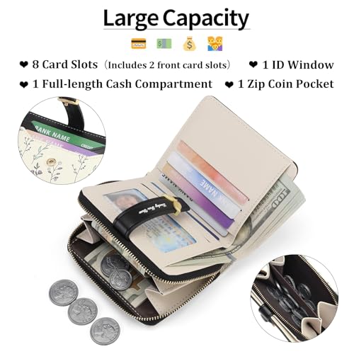 GAEKEAO Small Wallets Woman RFID Blocking Vegan Leather Bifold Floral Ladies Purse Card Holder with Zipper Pocket ID Window - color: Z-Black