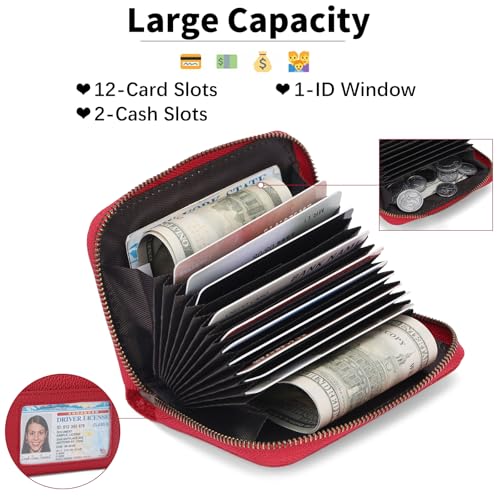 SENDEFN Leather Wallet Women RFID Blocking Small Compact Wallets Credit Card Holder with ID Window - color: A-Red