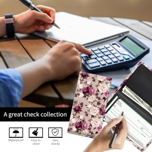 Checkbook Cover for Personal Checkbook, Cute Pu Leather Check Book for Women & Men, Slim Checkbook Holder with Pen Holder and Built-in Clear Plastic Divider, Peony Floral - color: Peony Floral