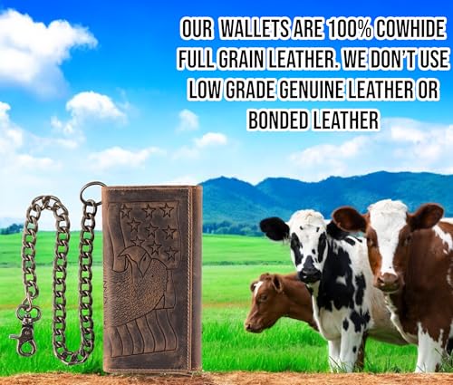 F&L CLASSIC RFID Blocking Mens Tri-fold Long Style Cowhide Leather Steel Chain Wallet,brown eagle/flag,212-101 - color: brown with eagle/flag