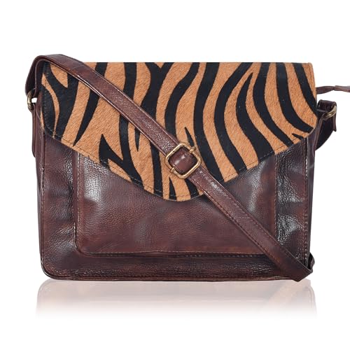Ozora Genuine Leather Crossbody Purse for Women, Shoulder Bag - color: Brown Wash Zebra