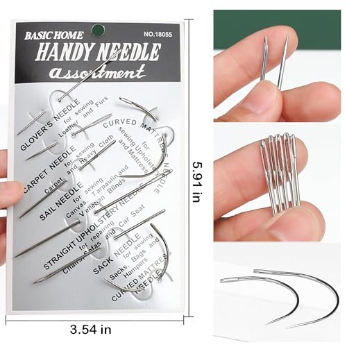 Pikdmin 7+1 Pcs Heavy Duty Hand Sewing Needles Kit, 5 Leather Hand Sewing Needle 2 Curved Needle and 1 pcs Needle threaders for Home Upholstery,Leather Needles for Hand Sewing,Carpet Canvas Repair - size: 8PCS&7SIZE