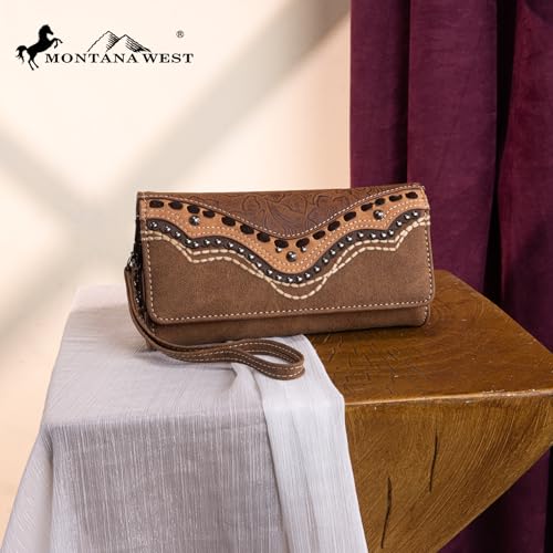 Montana West Wristlet Wallets for Women Western Trifold Wallet Purse with Card Holder MW1340-W002BR - color: Embossed-Brown