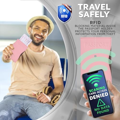 Alban RFID Passport Holder for Women & Men, Genuine Leather Passport Cover - color: Pink