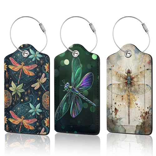 3 PCS Dragonfly Luggage Tags,Fantasy Dragonfly Suitcase Tags Privacy Cover ID Label with Stainless Steel Loop and Address Card for Travel Bag Suitcase - color: Fantasy Dragonfly
