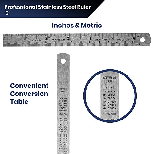 Pacific Arc 6 Inch Stainless Steel Ruler with Inch/Metric Conversion Table, 2 Pack - style: 2 Pack | 6 in
