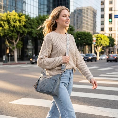 Crossbody Bags for Women, Medium Vegan Leather Purses | Large Capacity Multi-Pocket Embossed Shoulder Bag with Boho Strap for Daily Travel - color: Blue