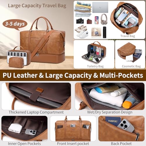 Faux Leather Weekender Bags for Women: Large Overnight Bags Travel Duffel Bag Carry On Shoulder Weekend Tote with Shoe & Laptop Compartment & Toiletry Bags for Airplane Traveling Gym, Brown - color: PU-Brown