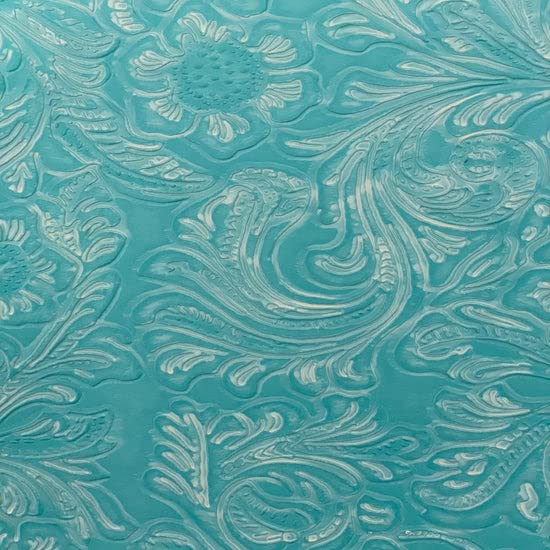 Aqua Blue Western Floral PU Faux Leather Vinyl Fabric - Sold by The Yard - 56" - color: Aqua Blue