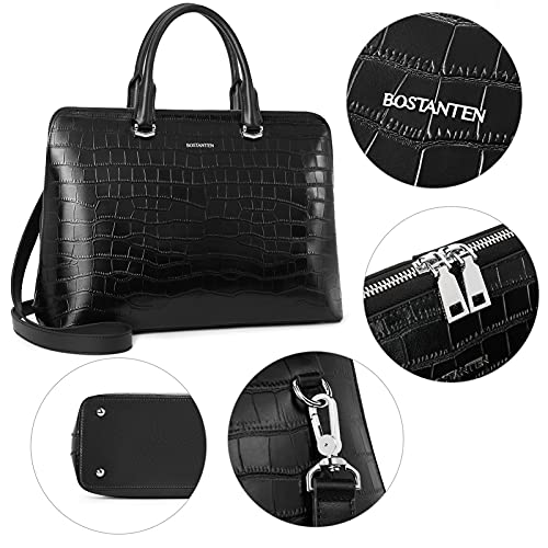 BOSTANTEN Briefcase for Women Leather 15.6 inch Laptop Shoulder Bag Office Work Crossbody Handbag - color: E-crocodile Pattern Black