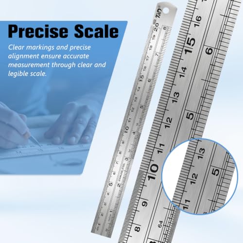 6 Pcs 8 Inch Stainless Steel Ruler Set, Metal Straight Edge with Inch and Metric Scale, Non Bendable Measuring Tool for Woodworking, Drafting, Sewing & Construction, Tailoring & Surveying - size: 8 Inch