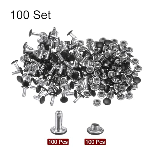 HARFINGTON 100 Sets Leather Rivets 6mm x 8mm Metal Double Cap Rivet Snaps Studs Fasteners with 3pcs Setting Tools Rivets for Leather Craft DIY Decoration, Matte Black - color: Matte Black, size: 6mm x 8mm