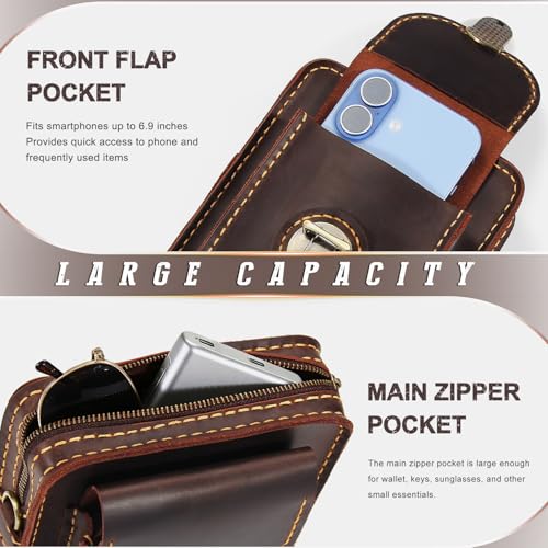 Handmade Leather Phone Holster Purse with Belt Loop, Small Crossbody Bag for Women Men, Phone Pouch With Card Wallet - color: D.brown