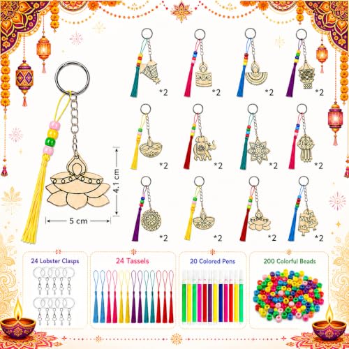 Cinrobiye 24 Set Happy Diwali Keychain Craft Kit DIY Wooden Keychain Painting Set with Colored Pens Festival of Lights Decor Activity for Hindu Celebration, Diwali Party Favors School Game Prizes - style: Diwali