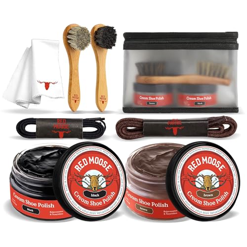 Shoe Cleaning Kit for Leather Shoes – Black Shoe Polish Kit with Cream, Brushes, Cloth, and Travel Case – USA Made - color: 8pc Kit Black & Brown
