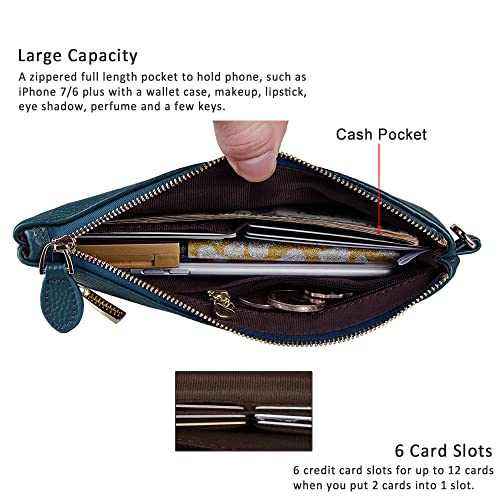 befen Genuine Leather Wristlet Clutch RFID Blocking Bag Cell Phone Purse | Cell Phone Wristlet Clutch for Women, Small Wallet Purses with RFID Blocking Card Slots - color: Dark Teal Blue