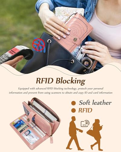 TFKGS Wallet for Women RFID Blocking Leather Large Capacity Card Holder Ladies Phone Clutch Travel Long Purse Wristlet | RFID Blocking - color: 2-Upgrade-Wax-Pink