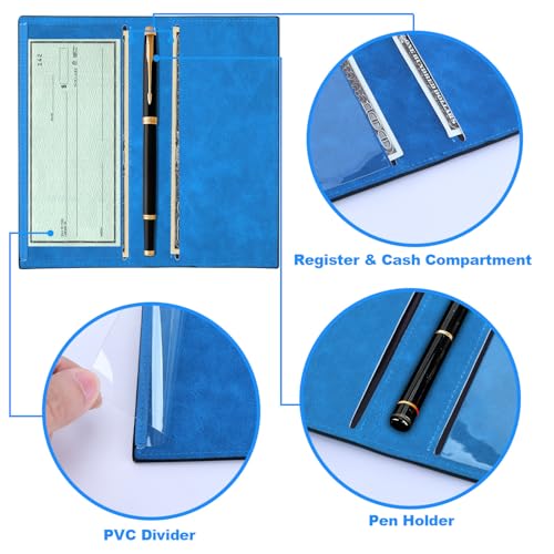 CASMONAL Checkbook Cover for Personal, Check Book Holder for Women & Men | PU Leather with Pen Holder, Transparent PVC Divider for Duplicate Checks - color: Greenery Blue
