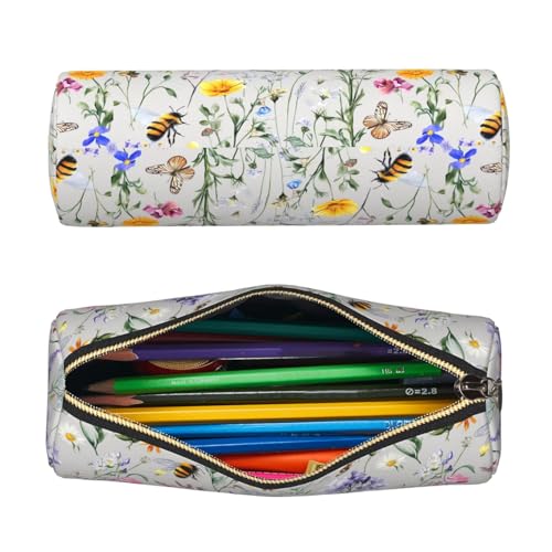 OSAM SPACE Leather Pencil Case Round Pencil Bag Flowers Plant Butterfly Bees Pen Organizer Holder Portable Zipper Pouch Cute School Supplies for Girls Boys Study Office - color: Flowers Plant Butterfly Bees