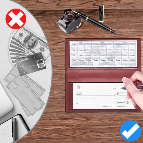 CASMONAL Checkbook Cover for Personal, Check Book Holder for Women & Men | PU Leather with Pen Holder, Transparent PVC Divider for Duplicate Checks - color: Red Wine