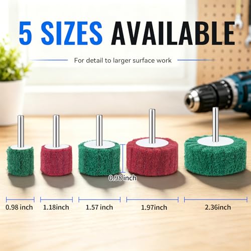 10 PCS Scouring Pads Abrasive Buffing Polishing Wheel Drill Polishing kit | 5 sizes of flap wheel: 1" 1-3/16" 1-1/2" 2" 2-3/8" 1/4” Shank Non Woven Wheel Polishing Kit for rotary tool accessories