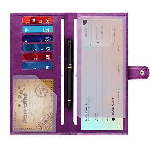 LLi Cufite Business Size and Travelers Check Large Checkbook Cover for Side & Top Tear Checks, Deposit Tickets, Companion Checks, Leather Check Book Cover with Duplicate Check Sleeve & Card Slots - color: Purple