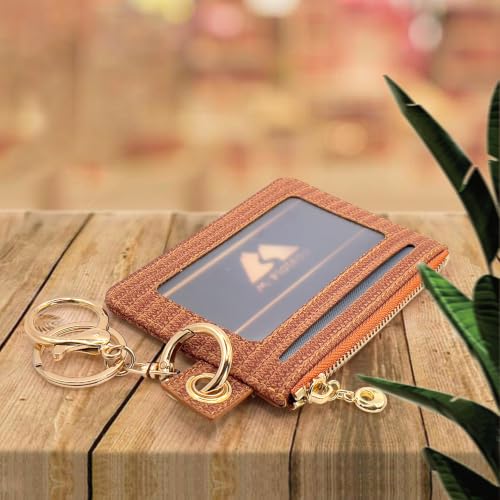 M-Plateau Key Chain Wallet for Women,Animal Print PU Leather Wallet | Eyelet Brown Credit Card Holder with ID Window, Zipper Pocket, Detachable Key Ring & Wristlet Strap - color: Eyelet Brown