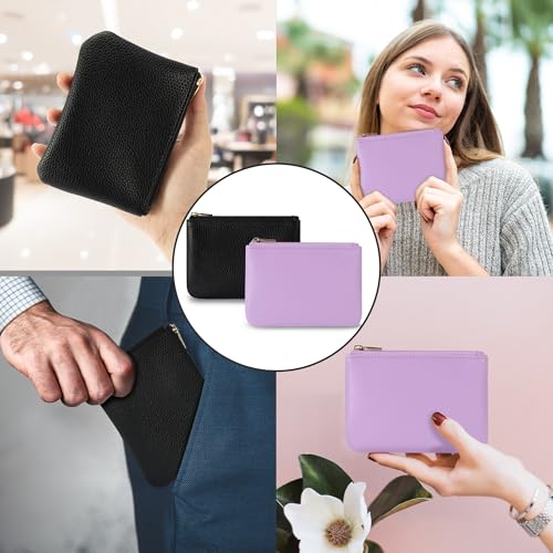 Chelmon PU Leather Coin Purse Pouch Change Holder Small With Zipper for Men Women 2 PCS Set (Black&Purple) - color: Black&Purple
