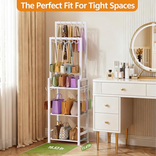 Tall Purse Organizer for Closet,Narrow & High-Capacity Handbag Organizer | Purse Rack Stand with 10 Purse Hanger & 6 Side Hooks,Space-Saving Bag Organizer Rack for Home, Closet, Small Space,Black - color: White, size: 3 Tier