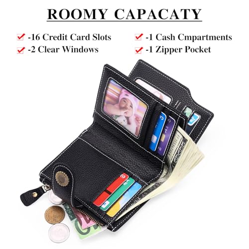Falan Mule Wallet for Women - Genuine Leather, Compact, RFID Blocking, Bifold Wallet - color: Elegant Black