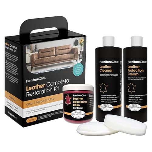 Furniture Clinic Leather Complete Restoration Kit | with Leather Recoloring Balm, Cleaner, 2-in-1 Protection Cream & Conditioner, Sponge, and Cloth | Repair Kit for Furniture (Bordeaux) - color: Bordeaux, size: Complete Kit