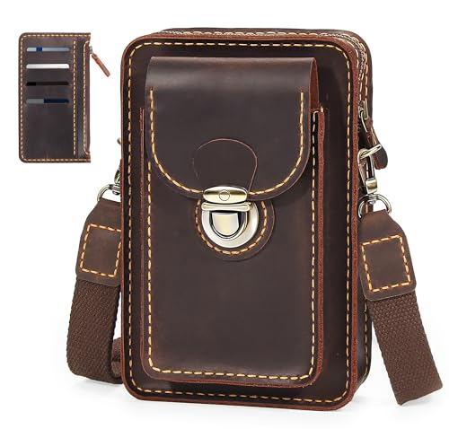 Handmade Leather Phone Holster Purse with Belt Loop, Small Crossbody Bag for Women Men, Phone Pouch With Card Wallet - color: D.brown
