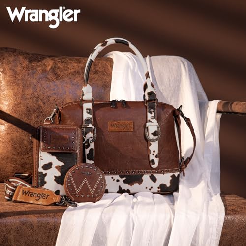 Wrangler 3Pcs Doctor Bag Sets for Women Top-handle Satchel Bag with Cell Phone Handbag and Coin Purse - color: Brown Cow Print