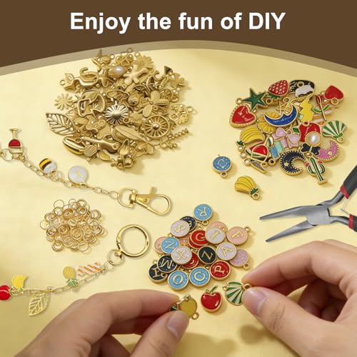Aucscott Lip Gloss Charms Keychain Making Kit, Make Your Own Keychain Kit for Girls - DIY Jewelry Craft Kits with A-Z Letter Charms for Custom Key Chain Lipgloss Lip Balm Purse Bag Handbag - color: Gold - 263Pcs Kit