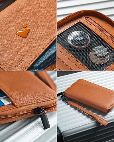 VULKIT Leather Passport Wallet RFID Blocking with Wrist Strap, Travel Document Organizer - 6 Credit Card Slots, 2 Interior + 2 Exterior Passport Slots, 2 ID Windows, Zipper Closure, Brown - color: Brown