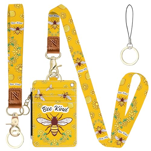 2-in-1 ID Badge Holder & Lanyard Wallet，Cute Zippered Pouch Bee Kind | for Teachers,Nurse,Professionals，Removable Wristlet & Neck Lanyard,5 Card Slots Stylish Work Essential - color: Bee Kind