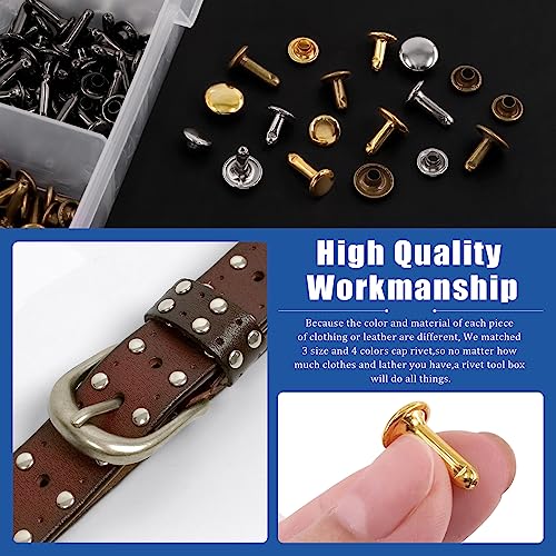 Glarks 180 Sets Leather Rivets with 4Pcs Setting Tool Kit, 4 Colors 3 Sizes Double Cap Rivets Tubular Metal Studs Leathercraft Rivets for Bags Clothing Shoes Leather Craft - color: 180 Sets
