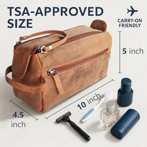 Rustic Town Leather Wash Bag for Men - Travel Toiletry Bag - Shaving Dopp Kit Toiletries Organizer - Leather Makeup Bag for Women | Main Compartment, Interior & Exterior Zip Pockets, YKK Zippers, Waterproof Lining; TSA Carry-On; Gifts for Him, Brown - col