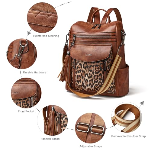 Backpack Purse for Women Fashion Leather Backpack Purse Designer Travel Backpack Convertible Shoulder Bag with Wristlet - color: 1-9 Brown With Leopard