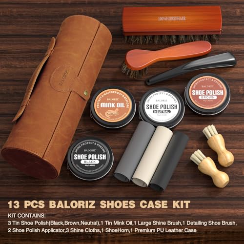 13Pcs Shoe Polish Kit, Shoe Shine Kit for Men & Women with Horsehair Brush, Mink Oil for Leather Boot Shoe Care Kit - color: Brown