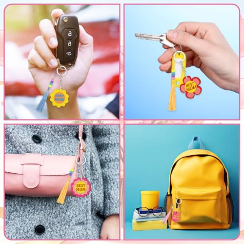 Cinrobiye 24 Set Mother’s Day DIY Wooden Keychain Craft Kit, Bulk Gifts for Mom, Classroom Activity Set with Tassels, Beads & Colored Pens, Handmade Party Favors - style: Mom2