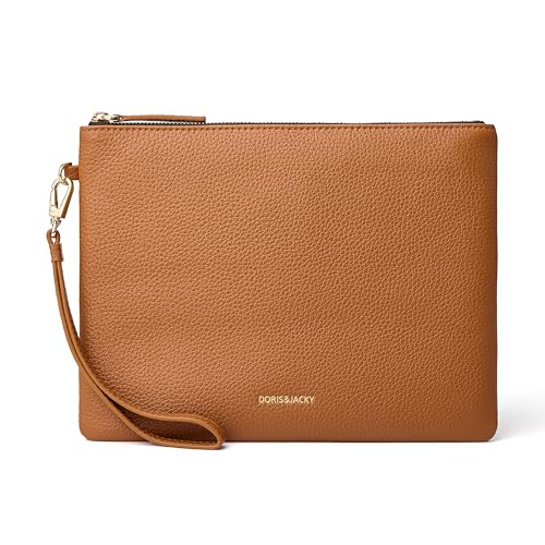 DORIS&JACKY Women Leather Clutch Purse and Phone Wallet with Wristlet Strap - color: Brown