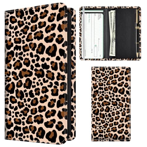 Checkbook Cover for Personal Checkbook, Cute Pu Leather Check Book for Women & Men, Slim Checkbook Holder with Pen Holder and Built-in Clear Plastic Divider, Classic Leopard - color: Classic Leopard