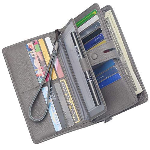 Bveyzi Women's Big Fat Rfid Leather Wristlet Wallet Organizer Large Phone Checkbook Holder with Zipper Pocket (Grey) - color: Grey