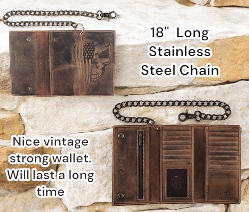 F&L CLASSIC RFID Blocking Mens Tri-fold Long Style Cowhide Leather Steel Chain Wallet,brown flag/skull,212-103 - color: brown with Flag/skull